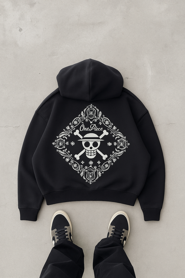 One Piece Skull Embroidered Black Hoodie – Anime Streetwear Edition