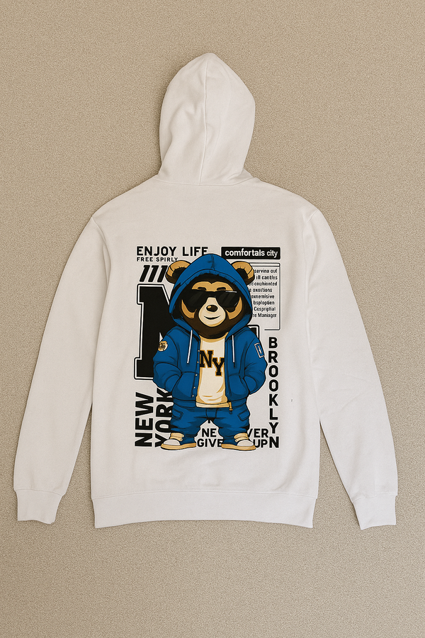 NY Bear Graphic Hoodie – White Streetwear Edition